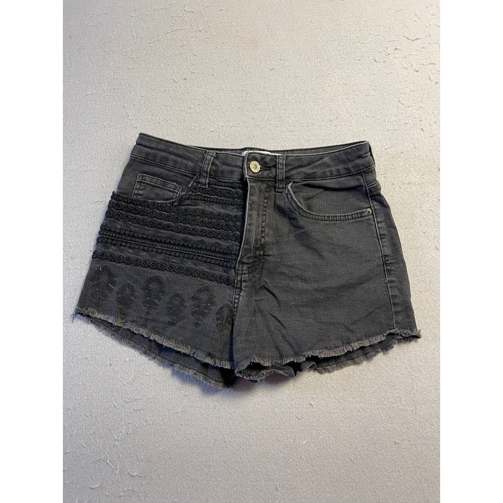 Zara TRF Denim Shorts Cotton Black Embroidery EU 34 US 04 W27 Womens
